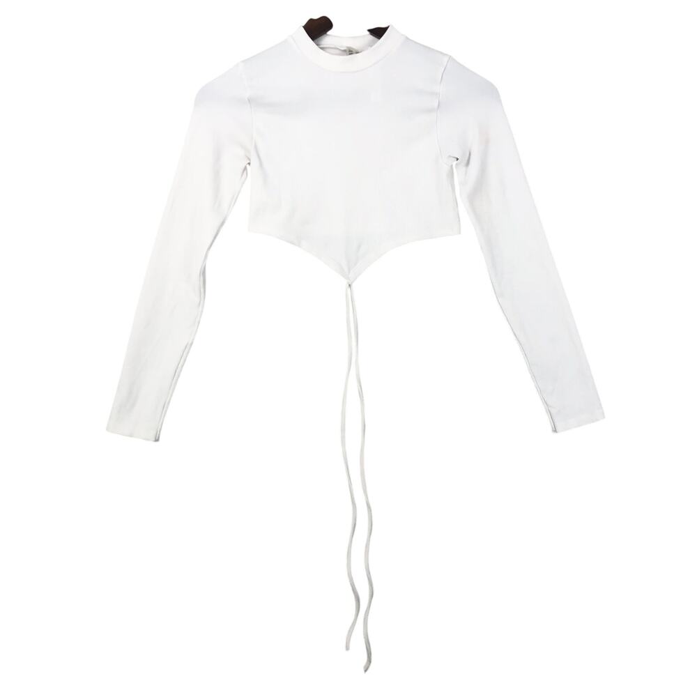 ANWND Women's White Long Sleeve Rib Knit Cropped Top with String Tie - S/M